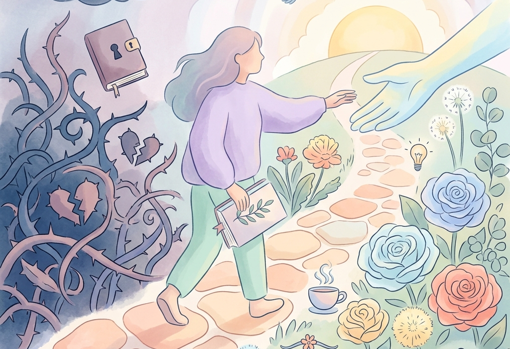 A pastel watercolor illustration of a woman walking along a stone path, leaving behind a dark area of thorns and broken hearts to enter a bright, floral landscape where a supportive hand reaches out to her.